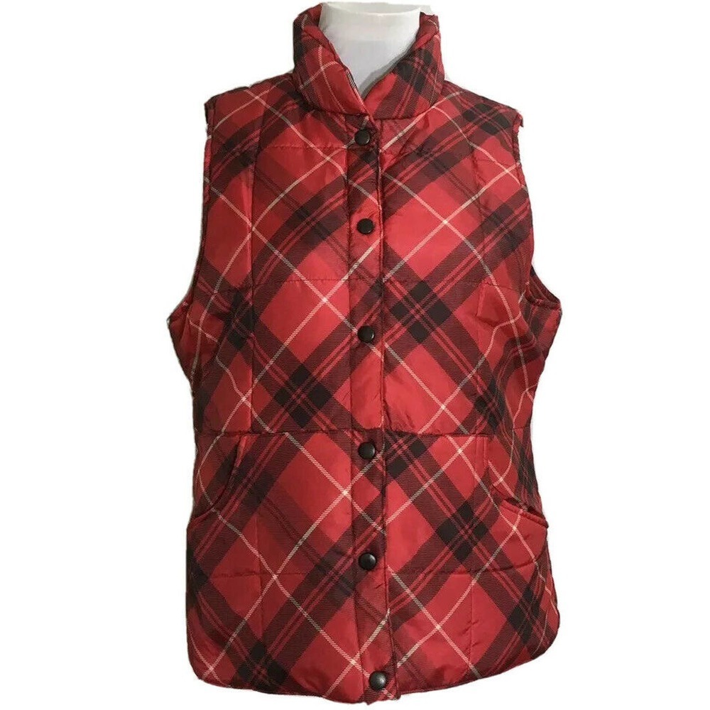 Womens Izod Red Black‎ White Plaid Snap Front Puffer Vest Size M
